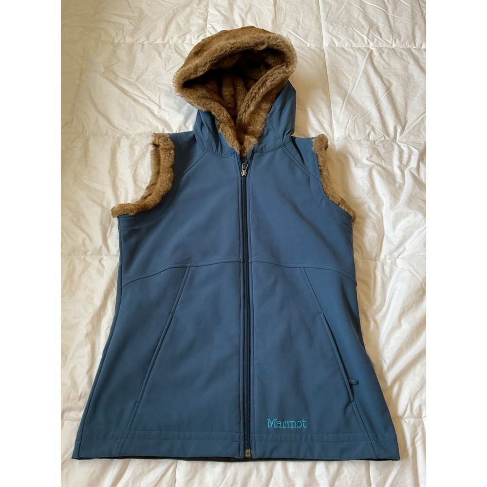 Marmot Furlong Women's Medium Soft shell Vest Plush Faux Fur Hood Full Zip Blue